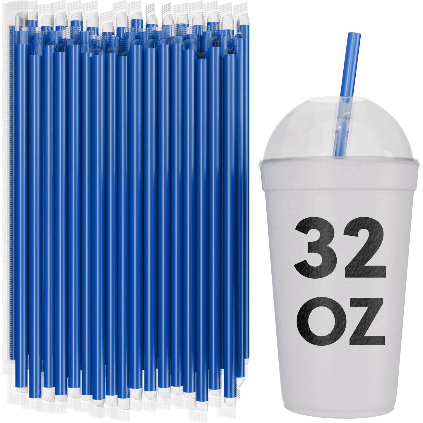 Bulk blue film wrapped smoothie straws 10 inch with 32 oz to-go cup for milkshakes and thick drinks