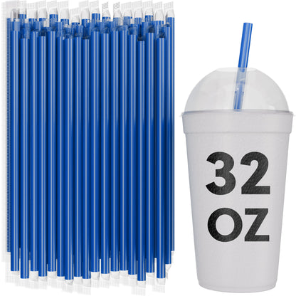 Bulk blue film wrapped smoothie straws 10 inch extra wide with 32 oz to-go cup for milkshakes and thick drinks