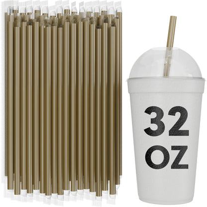 Bulk gold film wrapped smoothie straws 10 inch with 32 oz to-go cup for milkshakes and thick drinks
