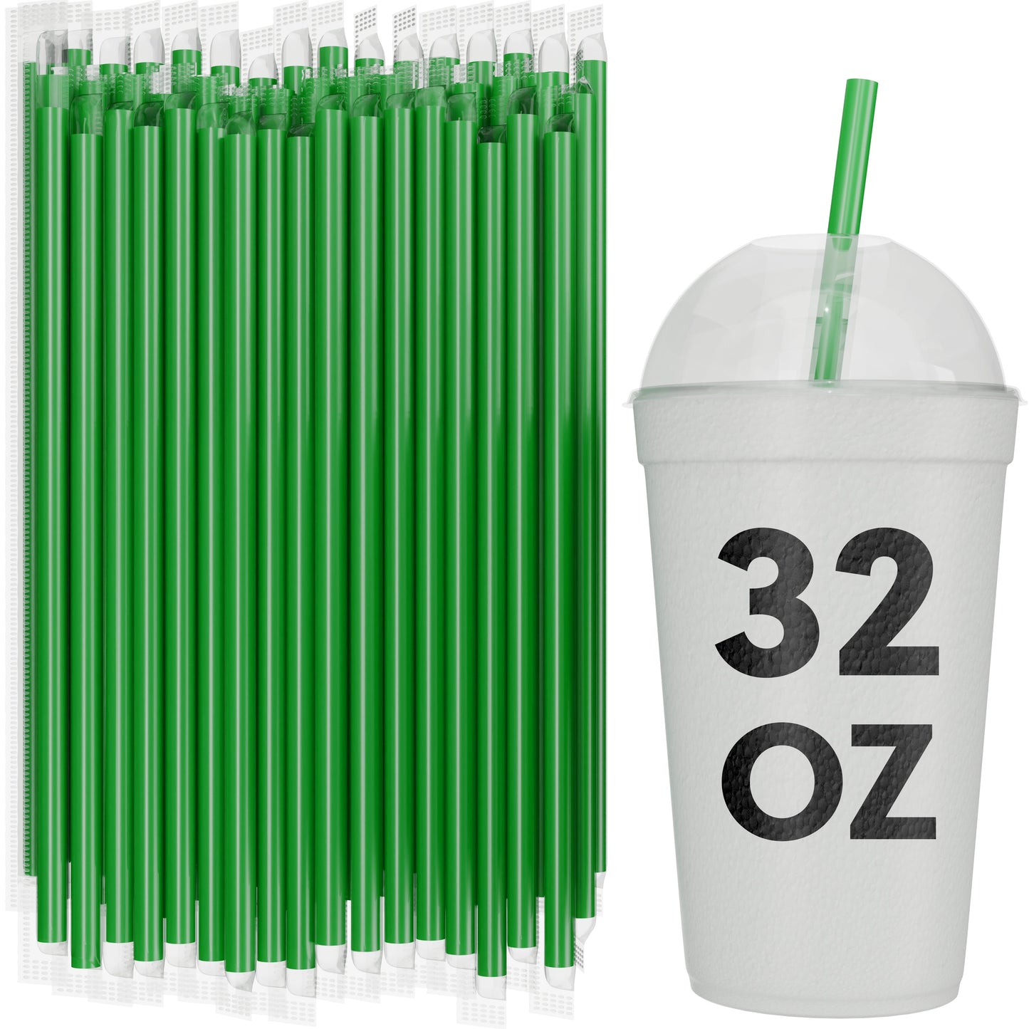 Bulk green film wrapped smoothie straws 10 inch with 32 oz to-go cup for milkshakes and thick drinks