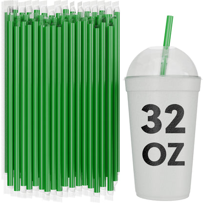Bulk green film wrapped smoothie straws 10 inch with 32 oz to-go cup for milkshakes and thick drinks