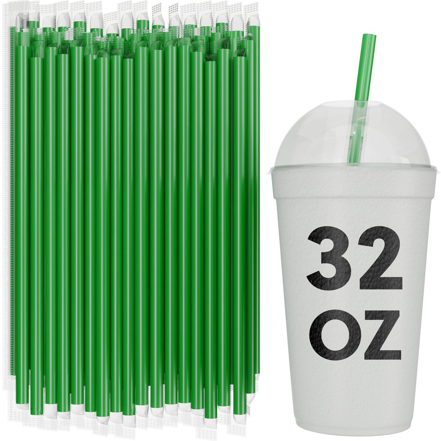 Bulk green film wrapped smoothie straws 10 inch extra wide with 32 oz to-go cup for milkshakes and thick drinks