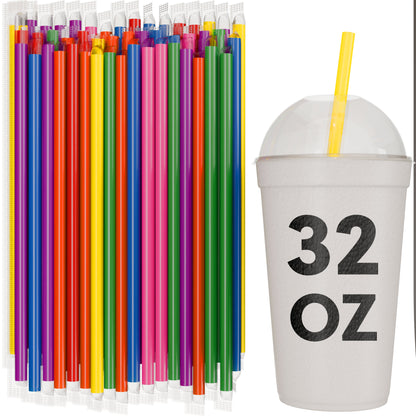 Bulk multicolor film wrapped smoothie straws 10 inch assorted colors with 32 oz to-go cup for milkshakes and thick drinks