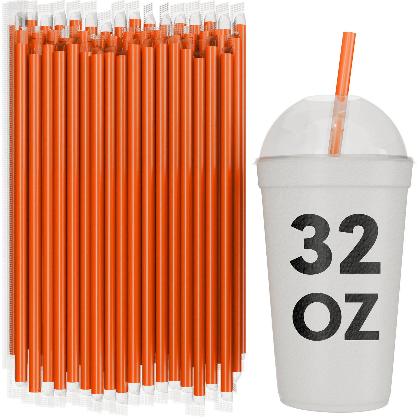 Bulk orange film wrapped smoothie straws 10 inch with 32 oz to-go cup for milkshakes and thick drinks