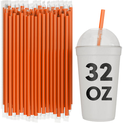 Bulk orange film wrapped smoothie straws 10 inch with 32 oz to-go cup for milkshakes and thick drinks