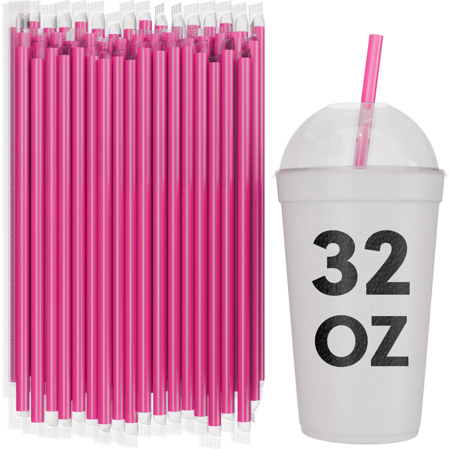 Bulk pink film wrapped smoothie straws 10 inch with 32 oz to-go cup for milkshakes and thick drinks