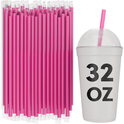 Bulk pink film wrapped smoothie straws 10 inch extra wide with 32 oz to-go cup for milkshakes and thick drinks