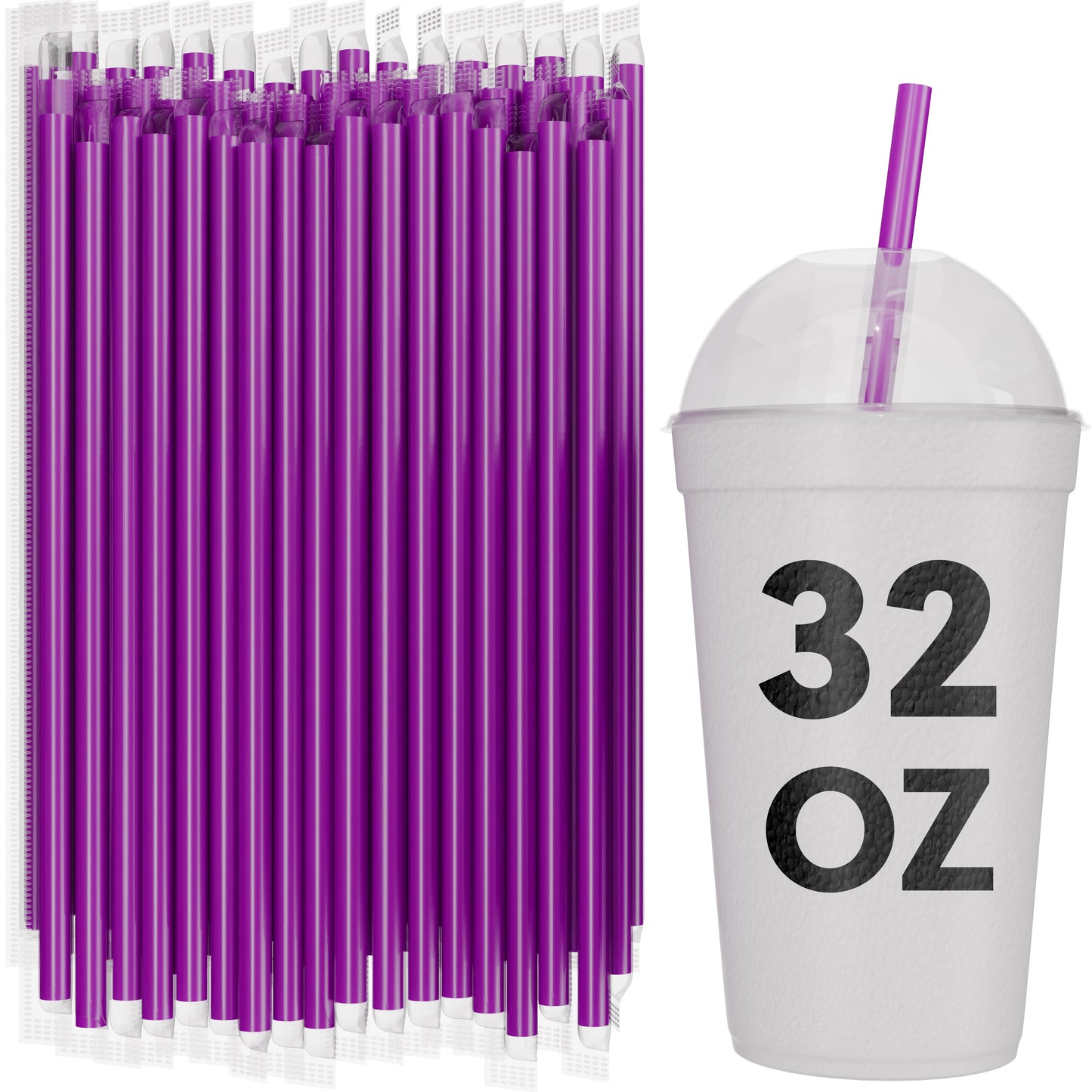 Bulk purple film wrapped smoothie straws 10 inch with 32 oz to-go cup for milkshakes and thick drinks