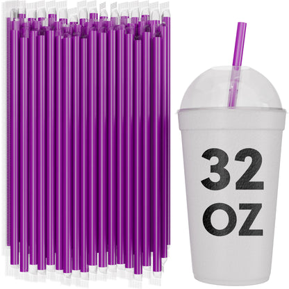 Bulk purple film wrapped smoothie straws 10 inch extra wide with 32 oz to-go cup for milkshakes and thick drinks