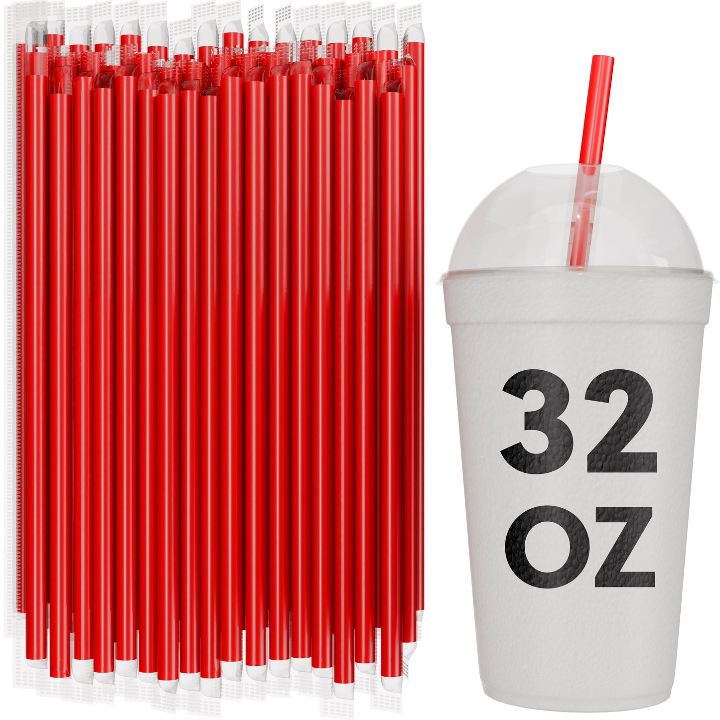Bulk red film wrapped smoothie straws 10 inch with 32 oz to-go cup for milkshakes and thick drinks