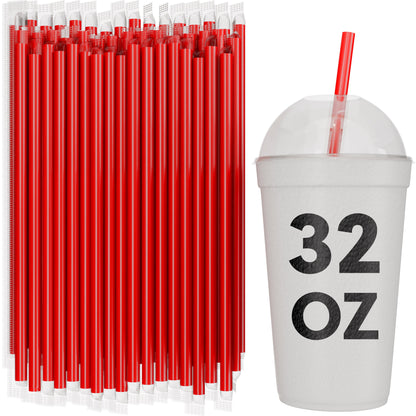 Bulk red film wrapped smoothie straws 10 inch with 32 oz to-go cup for milkshakes and thick drinks