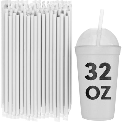 Bulk white film wrapped smoothie straws 10 inch with 32 oz to-go cup for milkshakes and thick drinks