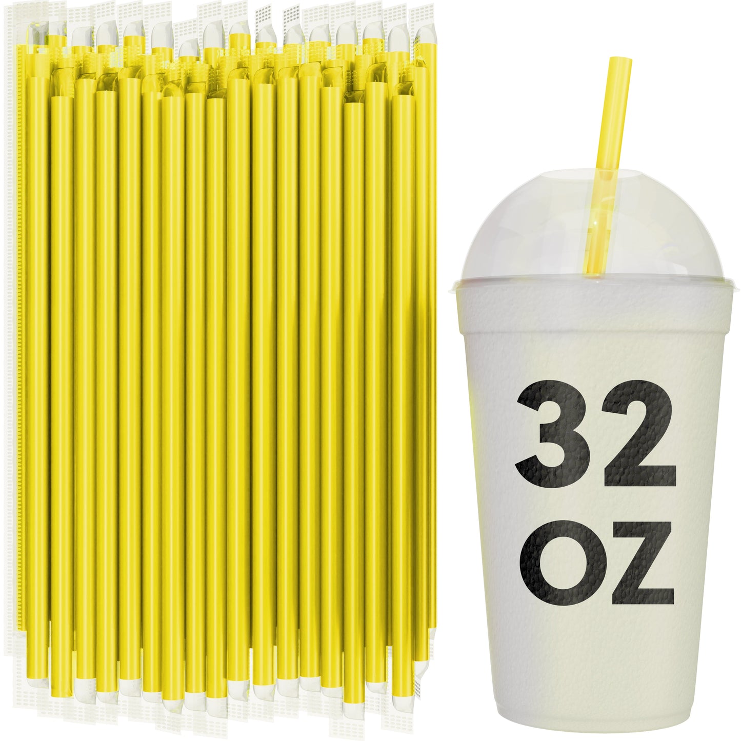 Bulk yellow film wrapped smoothie straws 10 inch with 32 oz to-go cup for milkshakes and thick drinks