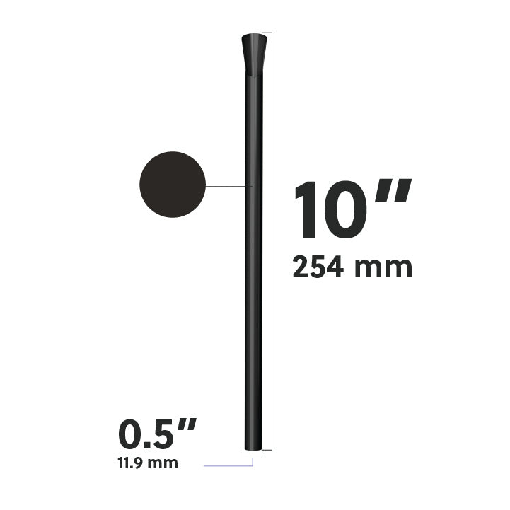 Black wide diameter spoon straw dimensions diagram showing 10 inch length and 0.5 inch width