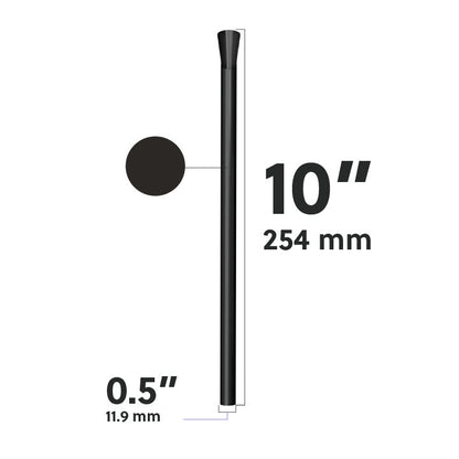 Black wide diameter spoon straw dimensions diagram showing 10 inch length and 0.5 inch width