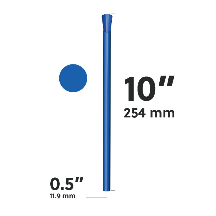 Blue wide diameter spoon straw dimensions diagram showing 10 inch length and 0.5 inch width