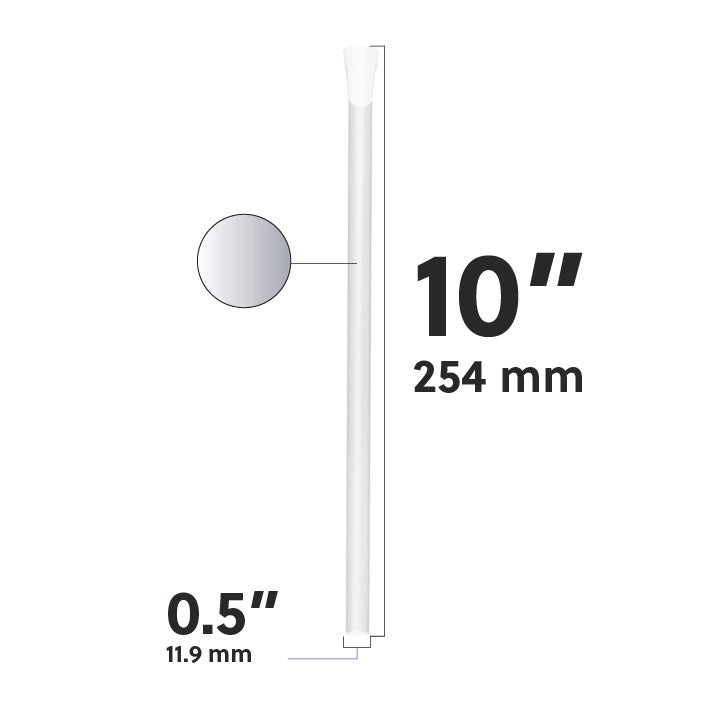 Clear wide diameter spoon straw dimensions diagram showing 10 inch length and 0.5 inch width