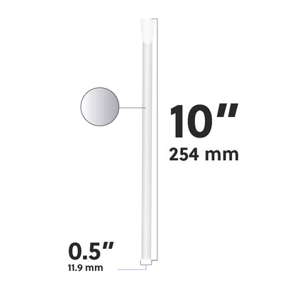 Clear wide diameter spoon straw dimensions diagram showing 10 inch length and 0.5 inch width