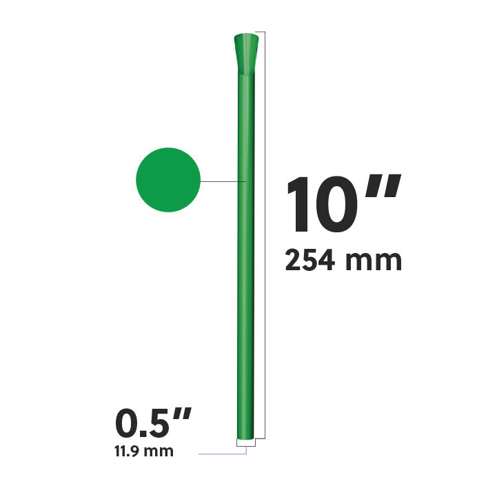 Green wide diameter spoon straw dimensions diagram showing 10 inch length and 0.5 inch width