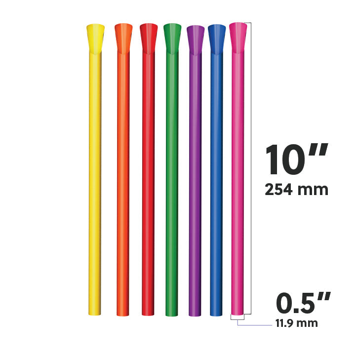 Multicolor wide diameter spoon straw dimensions diagram showing 10 inch length and 0.5 inch width in all available colors
