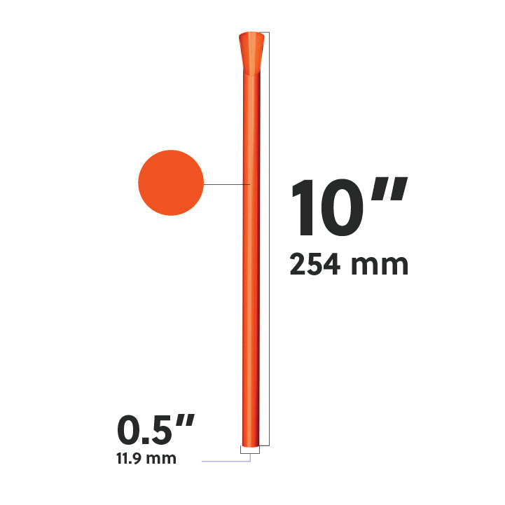 Orange wide diameter spoon straw dimensions diagram showing 10 inch length and 0.5 inch width