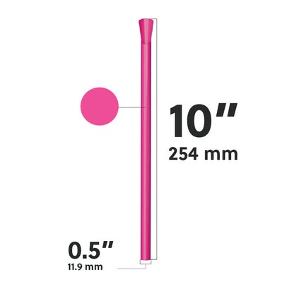 Pink wide diameter spoon straw dimensions diagram showing 10 inch length and 0.5 inch width