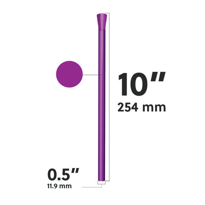 Purple wide diameter spoon straw dimensions diagram showing 10 inch length and 0.5 inch width