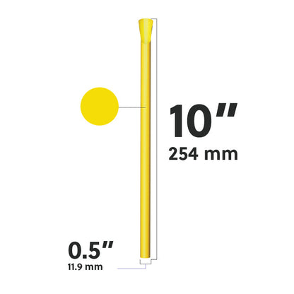 Yellow wide diameter spoon straw dimensions diagram showing 10 inch length and 0.5 inch width