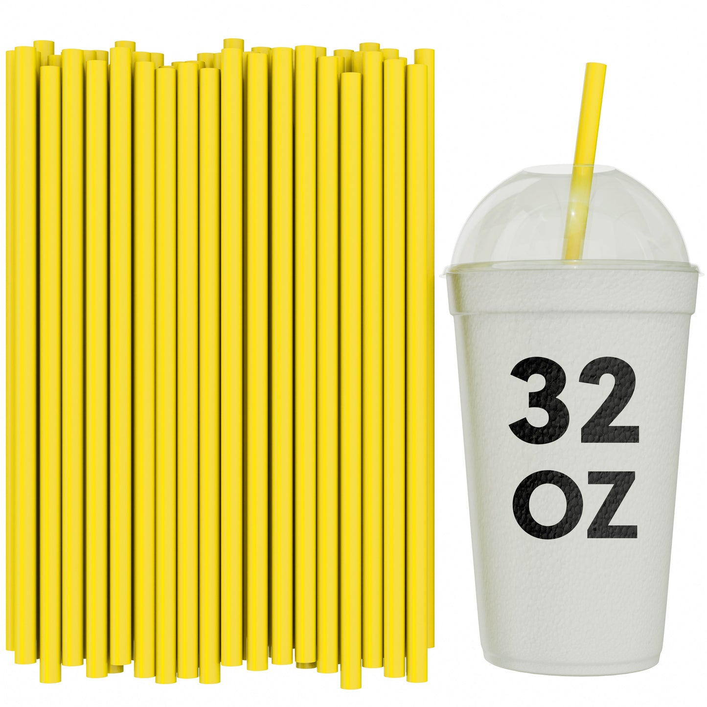 Bulk yellow unwrapped smoothie straws 10 inch with 32 oz to-go cup for milkshakes and thick drinks
