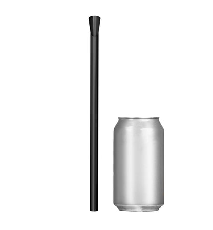 Single black wide diameter spoon straw 10 inch next to soda can for size comparison