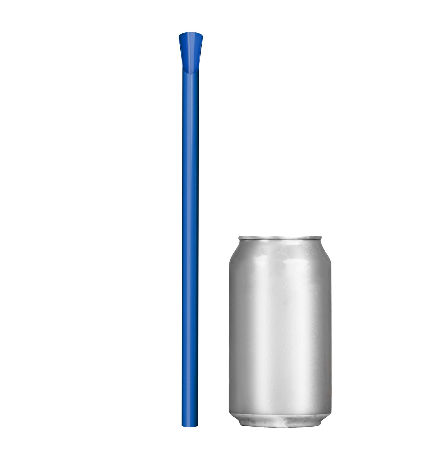 Single blue wide diameter spoon straw 10 inch next to soda can for size comparison