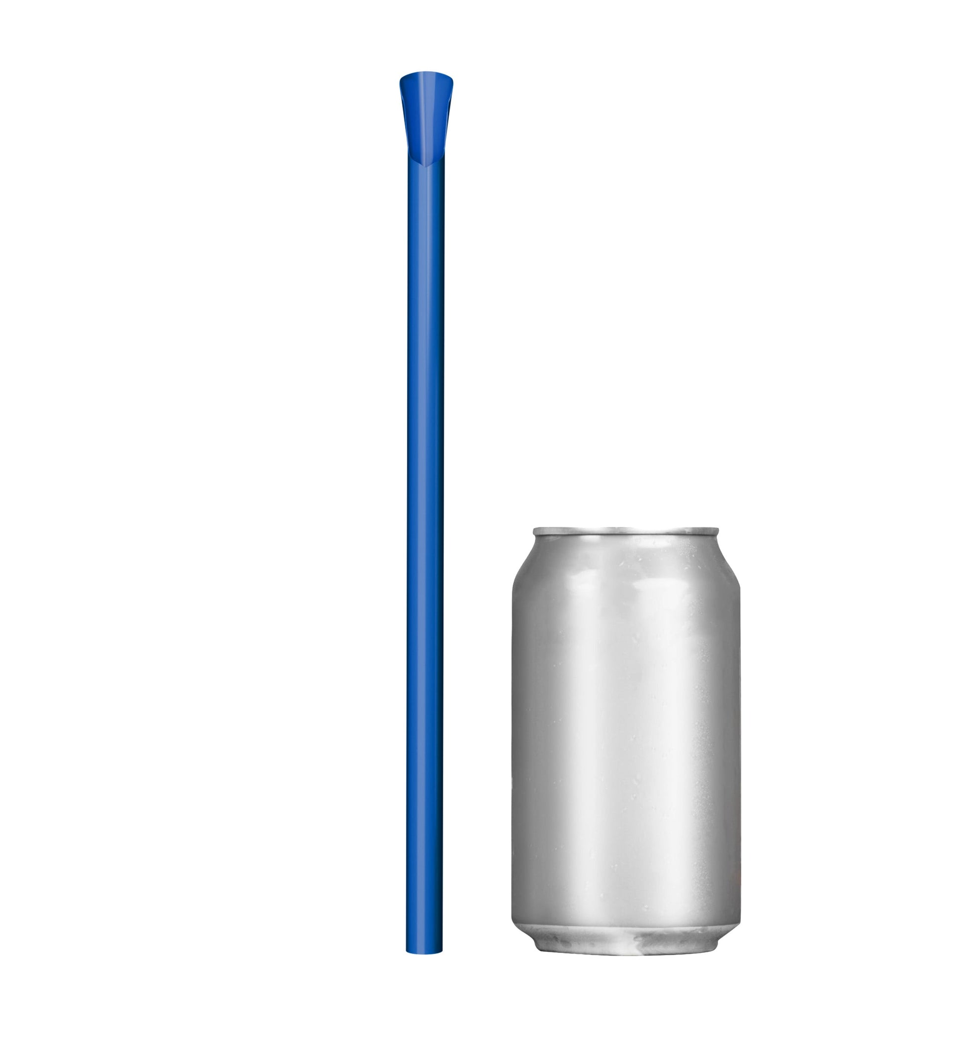 Single blue wide diameter spoon straw 10 inch next to soda can for size comparison