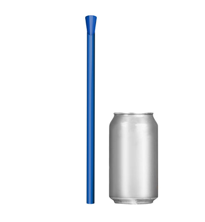 Single blue wide diameter spoon straw 10 inch next to soda can for size comparison