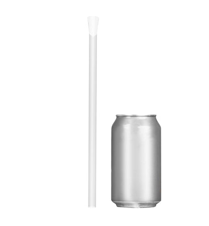 Single clear wide diameter spoon straw 10 inch next to soda can for size comparison