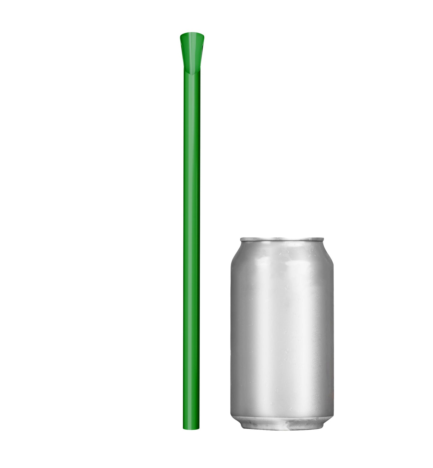 Single green wide diameter spoon straw 10 inch next to soda can for size comparison