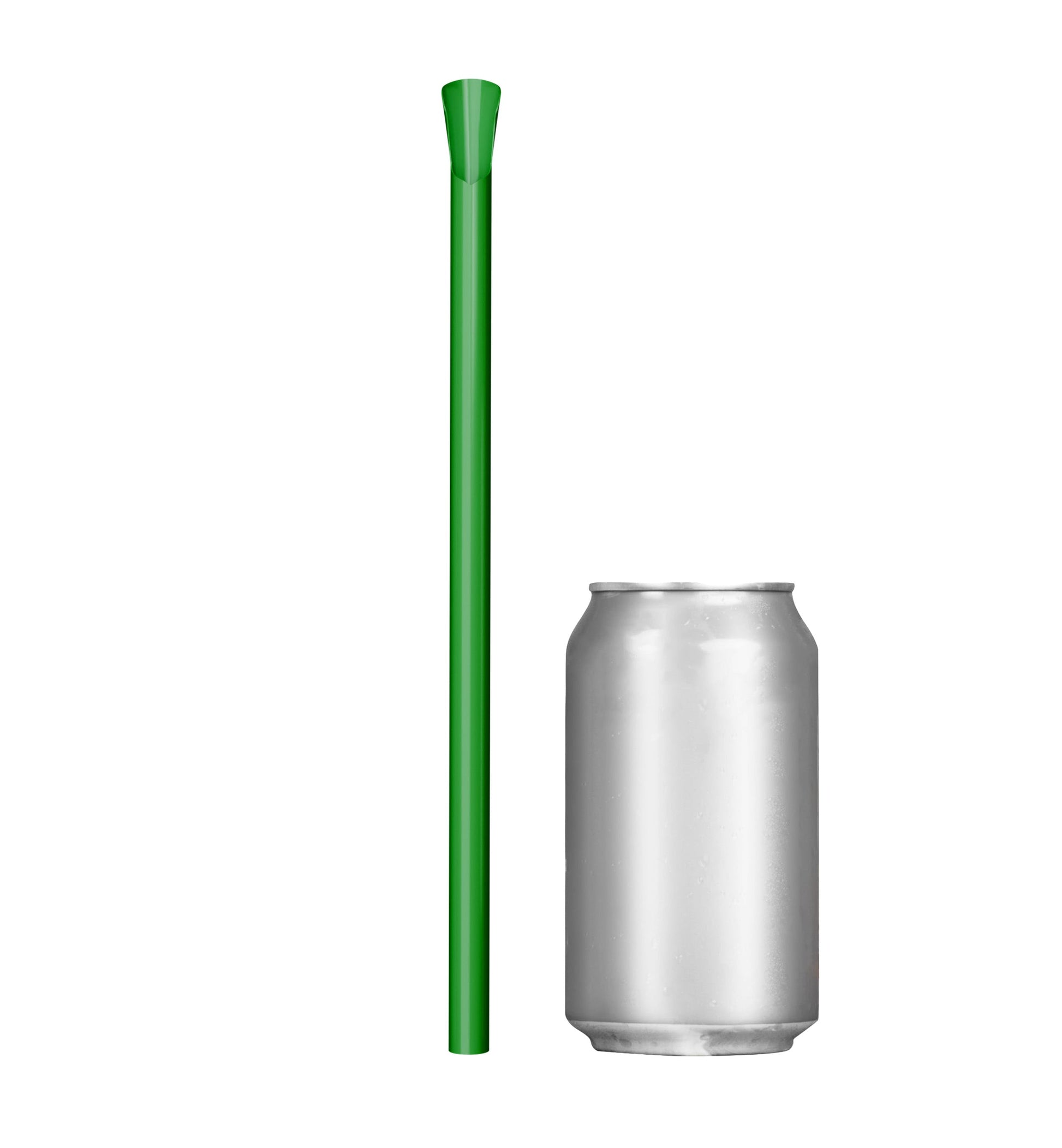 Single green wide diameter spoon straw 10 inch next to soda can for size comparison
