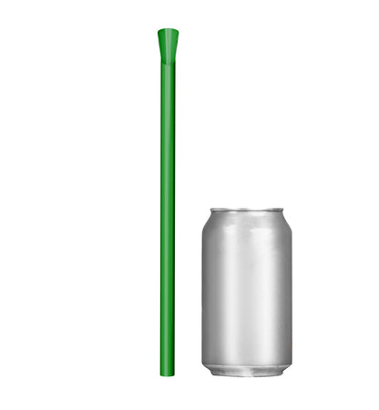 Single green wide diameter spoon straw 10 inch next to soda can for size comparison