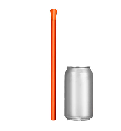 Single orange wide diameter spoon straw 10 inch next to soda can for size comparison