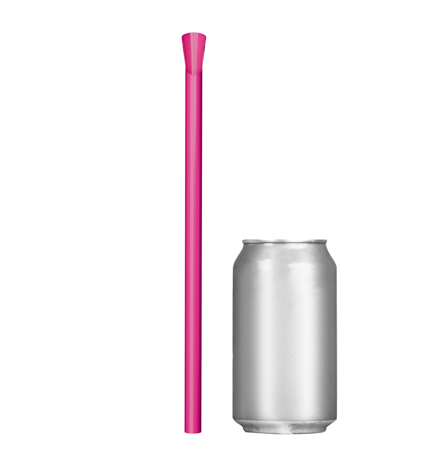 Single pink wide diameter spoon straw 10 inch next to soda can for size comparison
