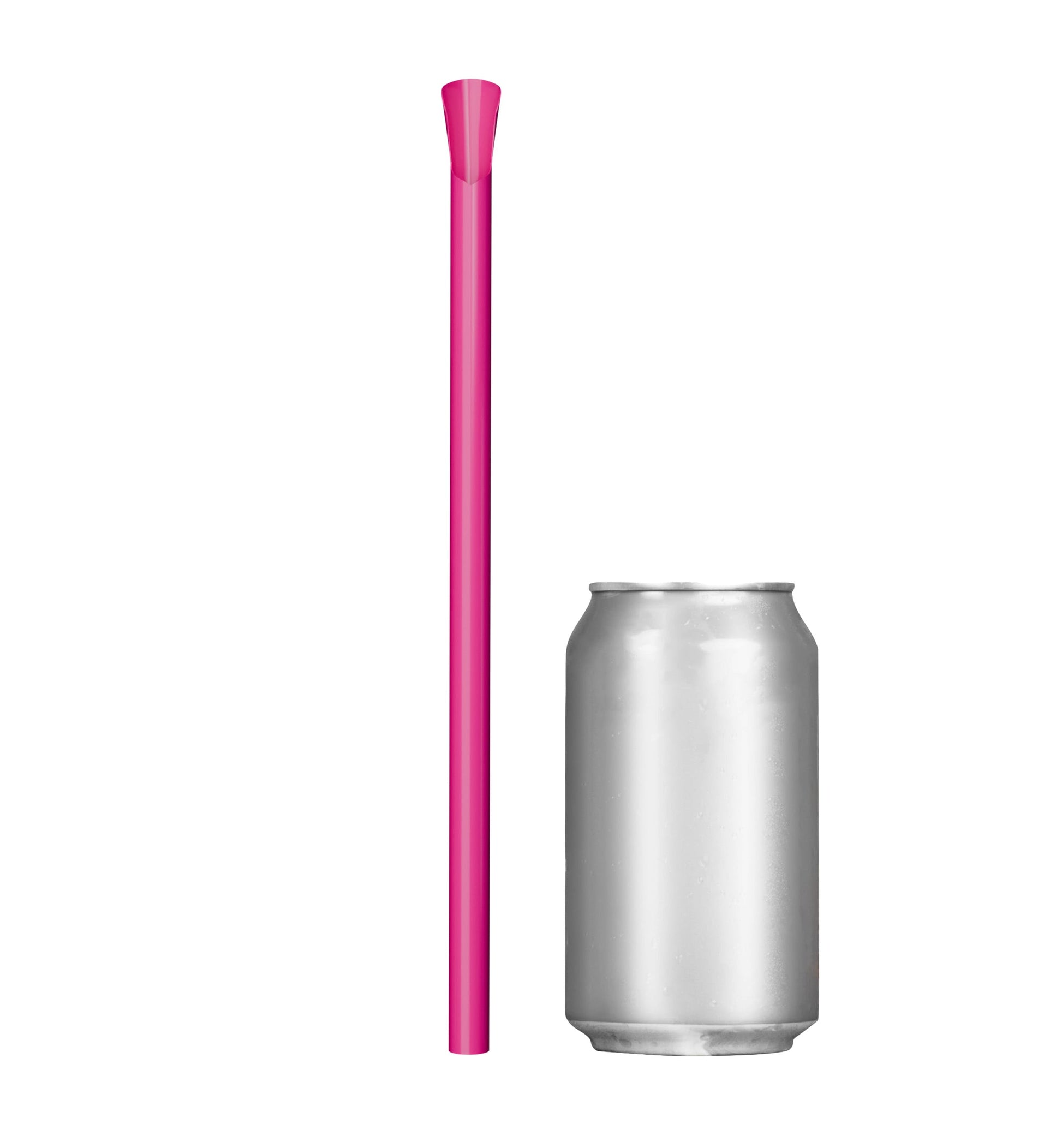 Single pink wide diameter spoon straw 10 inch next to soda can for size comparison