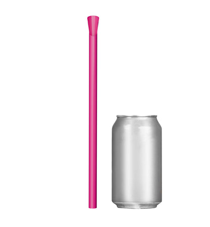 Single pink wide diameter spoon straw 10 inch next to soda can for size comparison