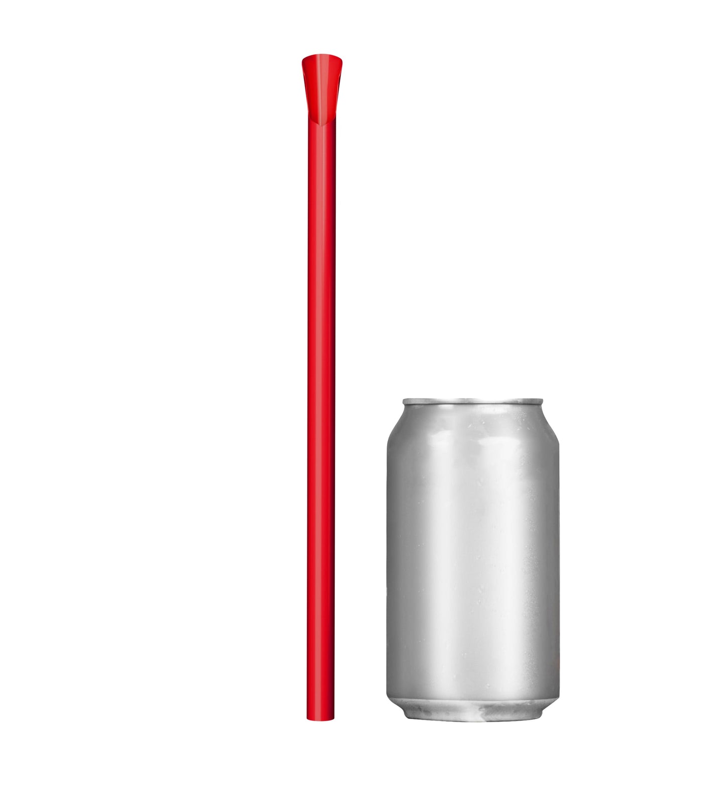 Single red wide diameter spoon straw 10 inch next to soda can for size comparison