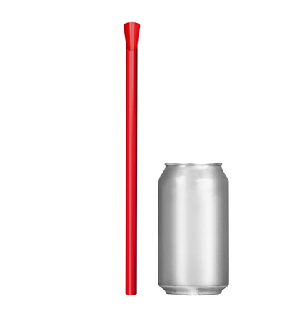Single red wide diameter spoon straw 10 inch next to soda can for size comparison