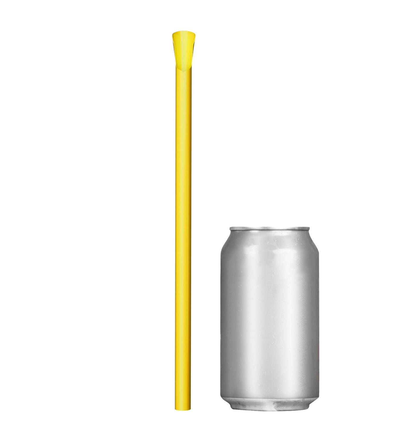 Single yellow wide diameter spoon straw 10 inch next to soda can for size comparison
