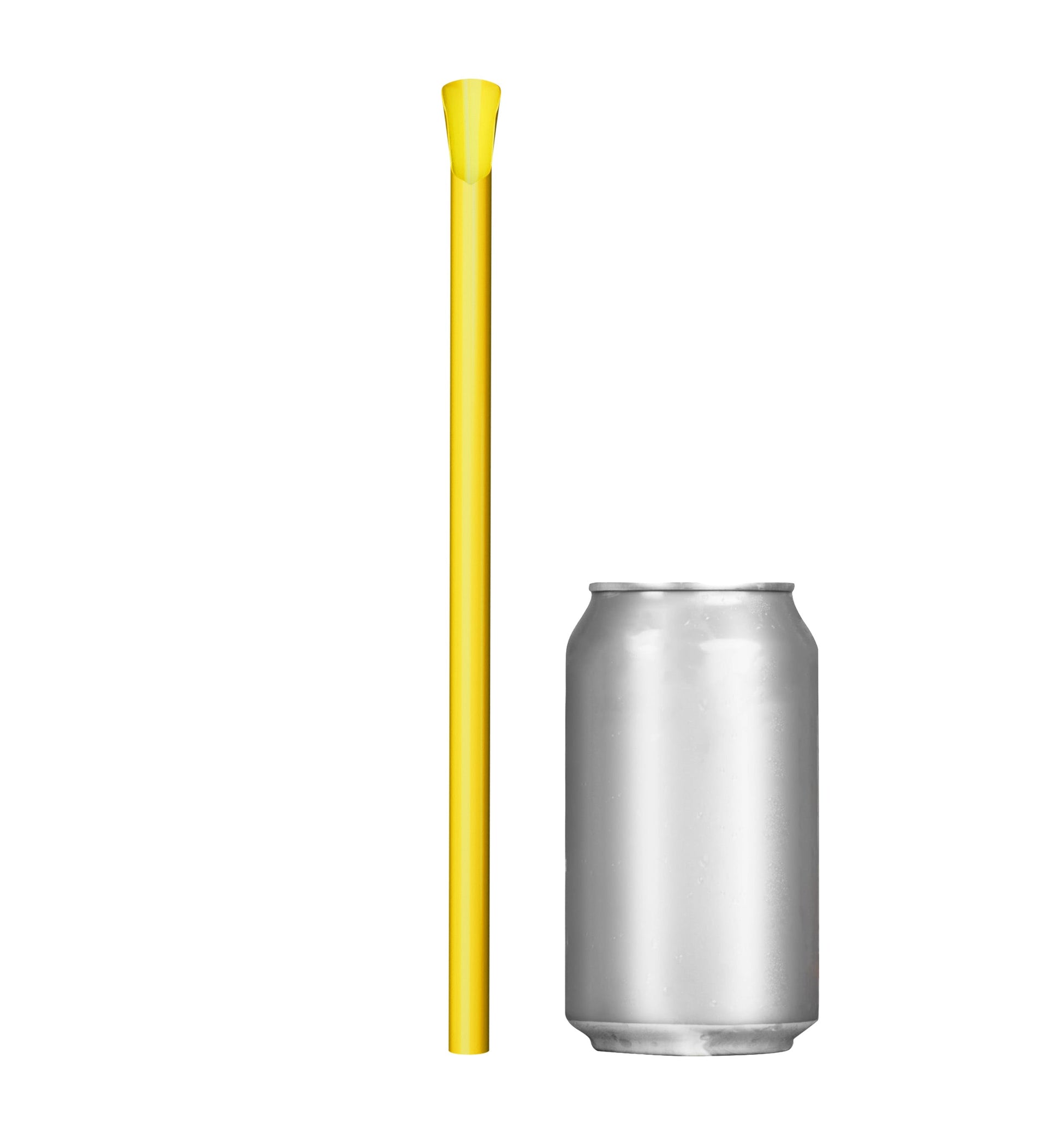 Single yellow wide diameter spoon straw 10 inch next to soda can for size comparison