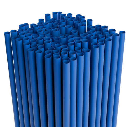 Stack of blue plastic drinking straws on a white background.