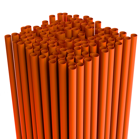 Stack of orange plastic straws on a white background
