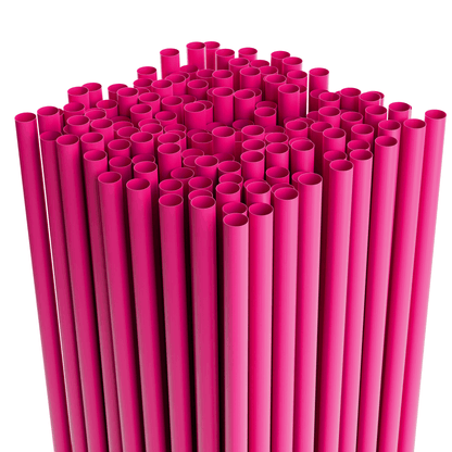 Paper wrapped classic jumbo plastic straws in pink, 7.75 inches long, ideal for drinks and hygienic use