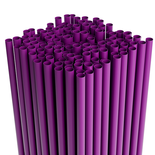 Purple plastic drinking straws stacked on a white background.