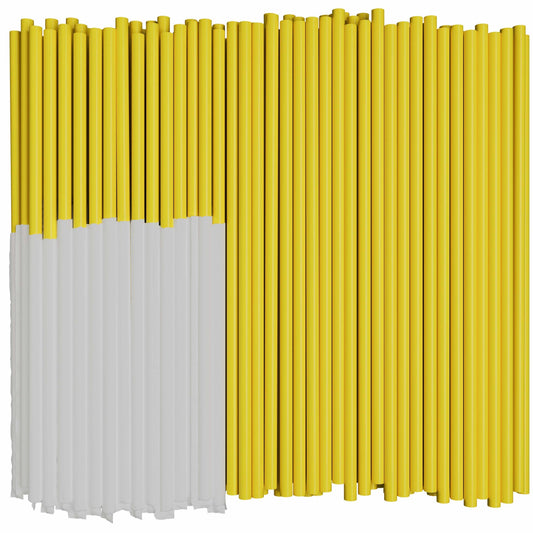 Yellow plastic straight straws 7.75 inches long with paper wrappers for hygienic use